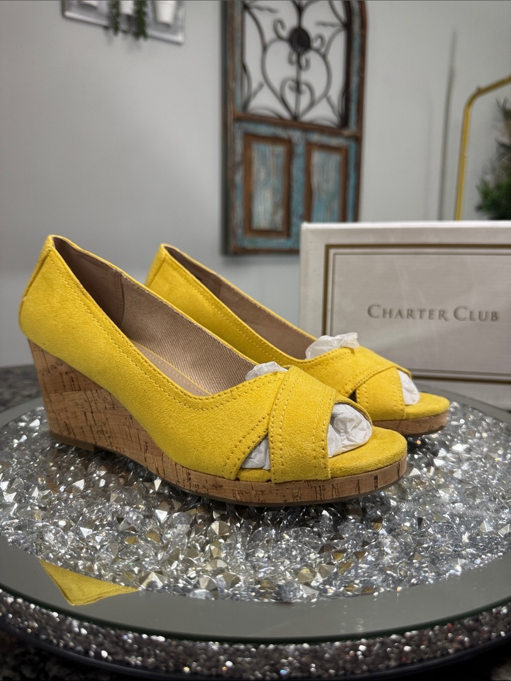 Charter Club Toniiem Yellow Cork Wedge Peep-Toe Heels NEW 8